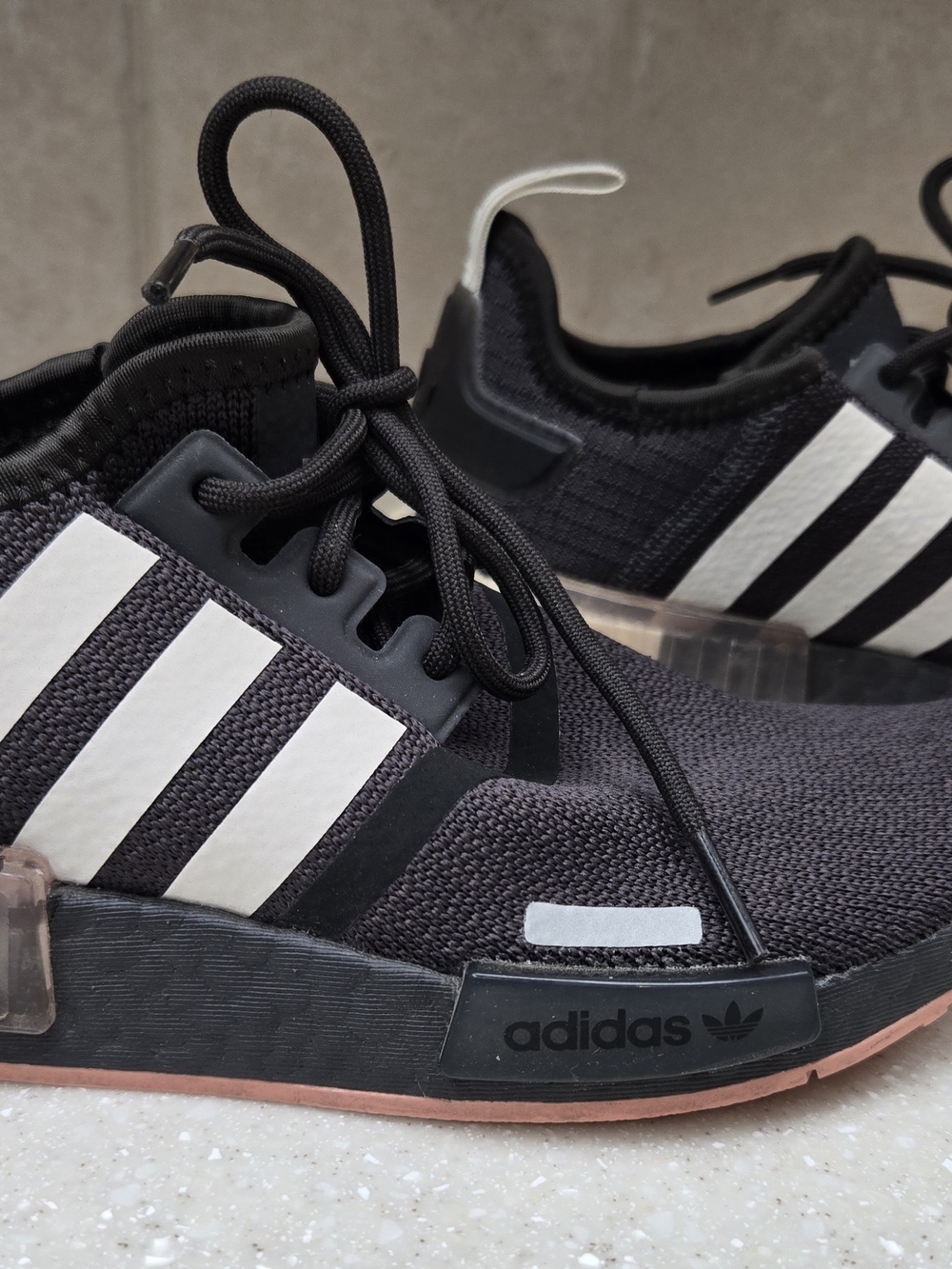 Adidas NMD R1 Sneakers in Black w/ White Stripes & Pink Soles, Size 4.5 - Picture 2 of 6